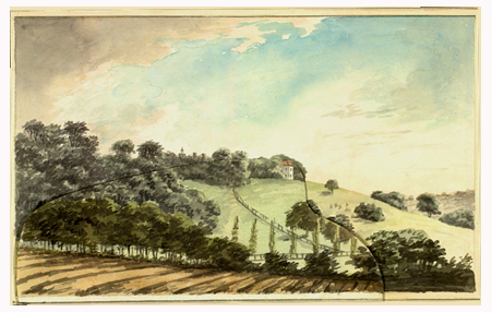 Watercolor by landscape designer Humphrey Repton made in 1658 to show how he would redesign the surroundings.
