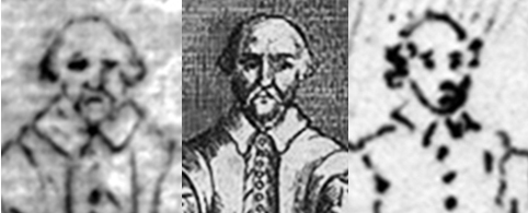 Original Dugdale image: Left: his 1634 sketch; Center: the Wenceslas Hollar version for Dugdale's 1656 book; Right: Vertue's 1737 sketch.